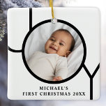 Personilized Baby Boy's First Christmas Photo Ceramic Ornament<br><div class="desc">This stylish Baby Boy's First Christmas Photo Ornament is decorated with the word JOY in black on a white background.
Easily customizable with your photo,  name,  and year.</div>
