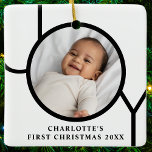 Personilized Baby Girl's First Christmas Photo Ceramic Ornament<br><div class="desc">This stylish Baby Girl's First Christmas Photo Ornament is decorated with the word JOY in black on a white background.
Easily customisable with your photo,  name,  and year.</div>