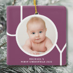 Personilized Baby's First Christmas Purple Photo Ceramic Ornament<br><div class="desc">This stylish Baby's First Christmas Photo Ornament is decorated with the word JOY in white on a purple background.
Easily customisable with your photo and name.
Suitable for a boy or girl.</div>