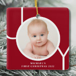 Personilized Baby's First Christmas Red Photo Ceramic Ornament<br><div class="desc">This stylish Baby's First Christmas Photo Ornament is decorated with the word JOY in white on a red background.
Easily customisable with your photo and name.</div>