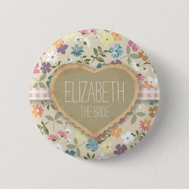 Personlised Floral Heart And Gingham Print Badges (Front)