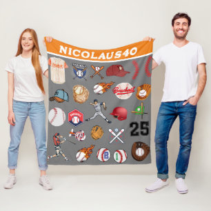 Personlized baseball player name number Grey Fleece Blanket