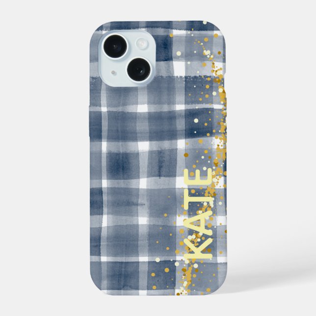 PERSONLIZED Blue Plaid Gold Aesthetic iPhone Case (Back)