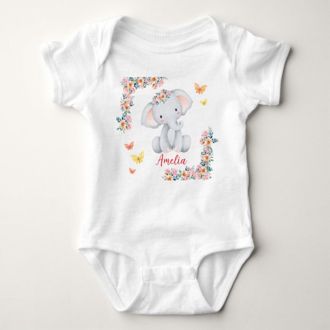 Personlized Name Baby Bodysuit Floral Elephant (Front)