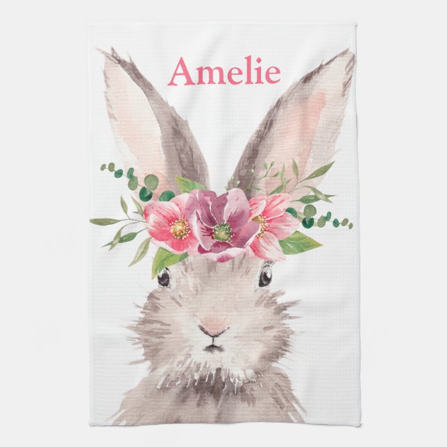  Personlized Name Cute Easter Bunny Egg hunt  Tea Towel (Vertical)