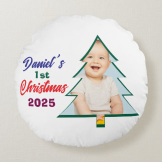Personlized Photo Daniel's 1st Christmas Tree Round Cushion
