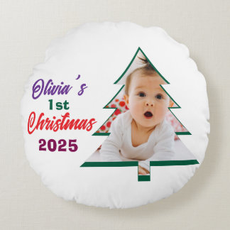Personlized Photo Olivia's 1st Christmas Tree Round Cushion