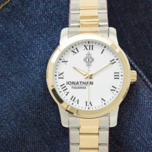 Person's black and white Monogrammed Initial Watch