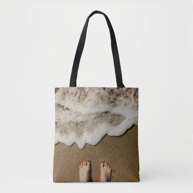 Person's feet on seashore tote bag (Front)