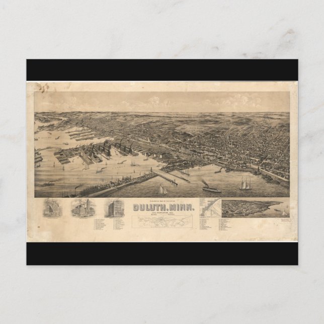 Perspective Map of Duluth Minnesota (1893) Postcard (Front)