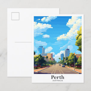 Perth Australia Art Vintage Travel Illustration Postcard