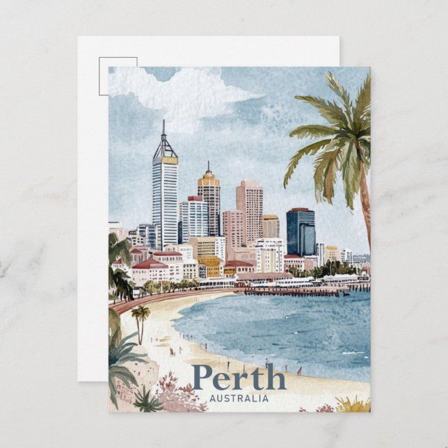 Perth Australia Watercolor Painting Travel Postcard (Front/Back)