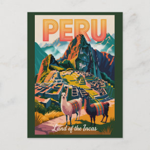 Peru Machu Picchu Illustration Travel Art Vintage Postcard