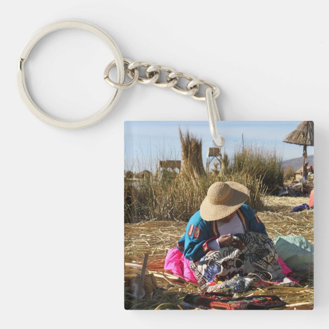Peru Woman Sewing Embroidery Key Ring (Front)