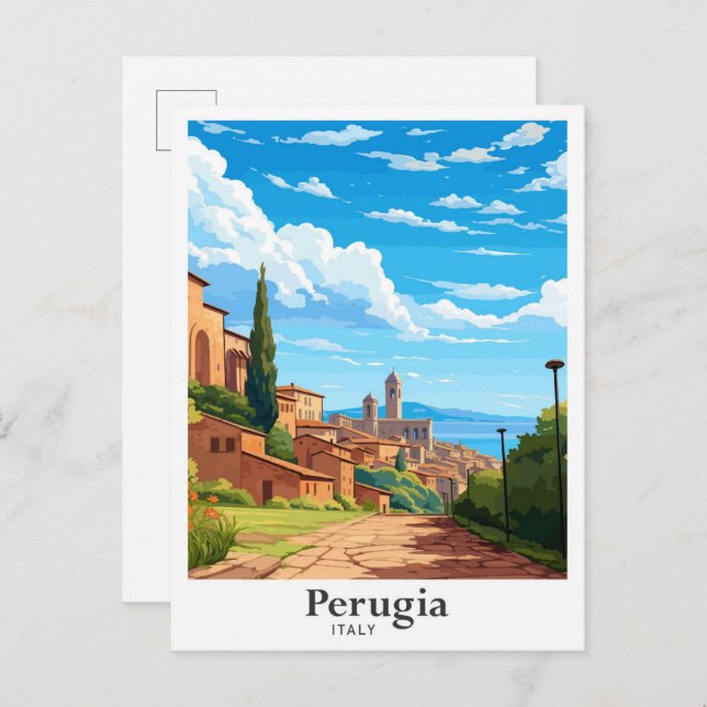 Perugia Italy Art Vintage Travel Illustration Postcard (Front/Back)