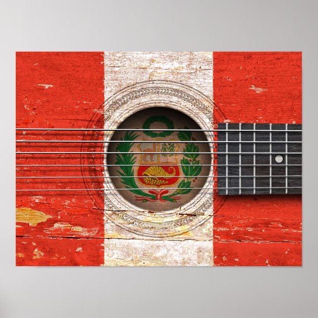 Peruvian Flag on Old Acoustic Guitar Poster (Front)