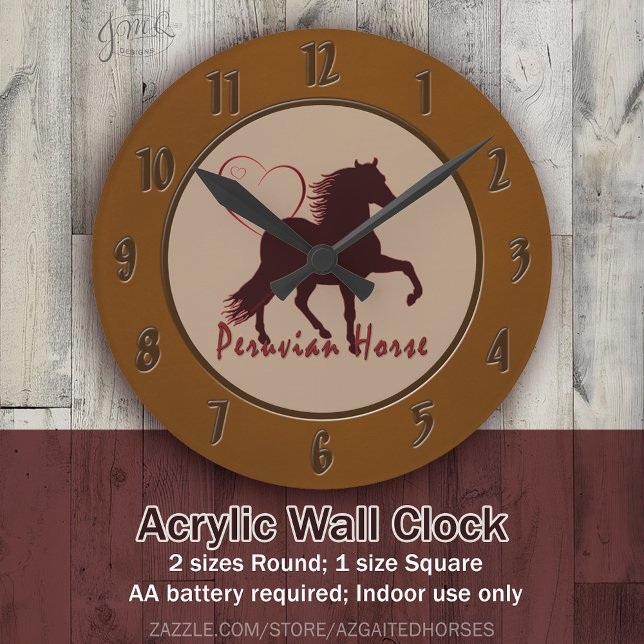 Peruvian Horse Hearts Round Clock (Round brown wall clock with a dark horse silhouette, heart accent, and the text “Peruvian Horse.”)