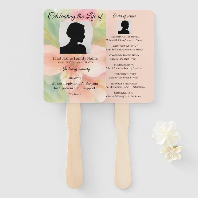 Peruvian lily pastel order of service hand fan (Front and Back)