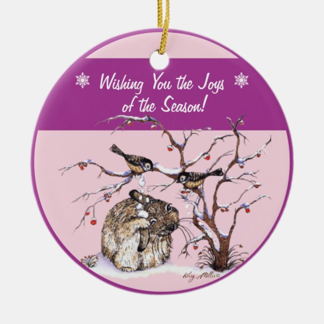 Pesky Snow Birds & Bunny Ceramic Tree Decoration (Front)