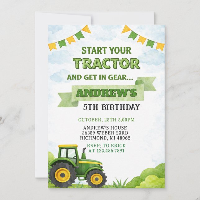 Pesonal Farm Green Tractor Birthday Invitation (Front)