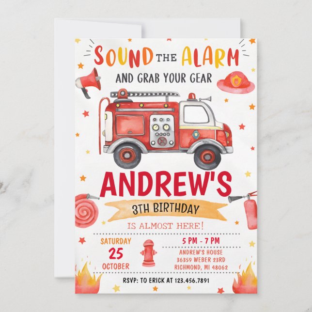 Pesonal Fire truck Birthday Party  Invitation (Front)