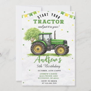 Pesonal Green Tractor Farm Birthday Invitation