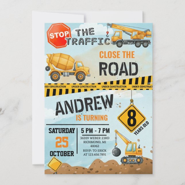 Pesonal Modern Construction Birthday Extravaganza Invitation (Front)