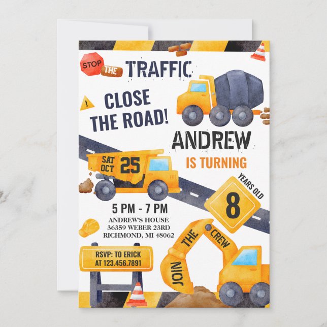 Pesonal Modern Construction Birthday With Photo Invitation (Front)