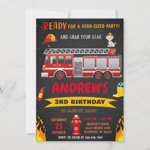 Pesonal Modern Fire truck Birthday Party Invitation