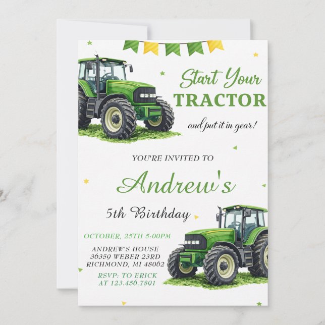 Pesonal Modern Green Tractor Birthday Invitation (Front)