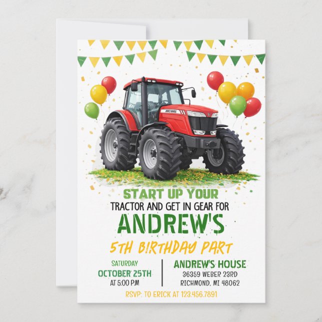 Pesonal Modern Tractor Farm Vehicles Birthday Invitation (Front)