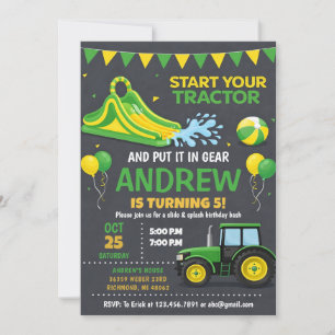 Pesonal Modern Tractor Water Slide Birthday Invitation