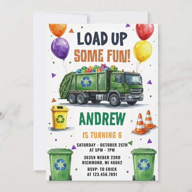 Pesonal Trash Truck Recycling Birthday Bash Invitation (Front)