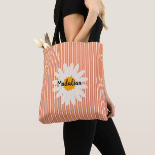 Pesonalized adorable pink stripes retro floral tote bag