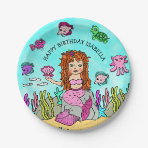 Pesonalized Hand darwn Mermaid Birthday Paper Plate