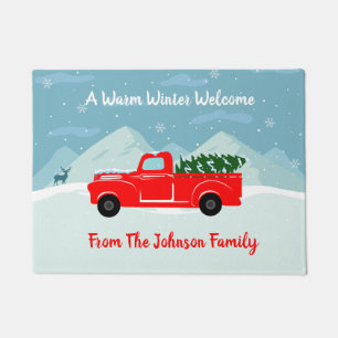 Pesonalized Red Truck Christmas Tree Holiday Doormat