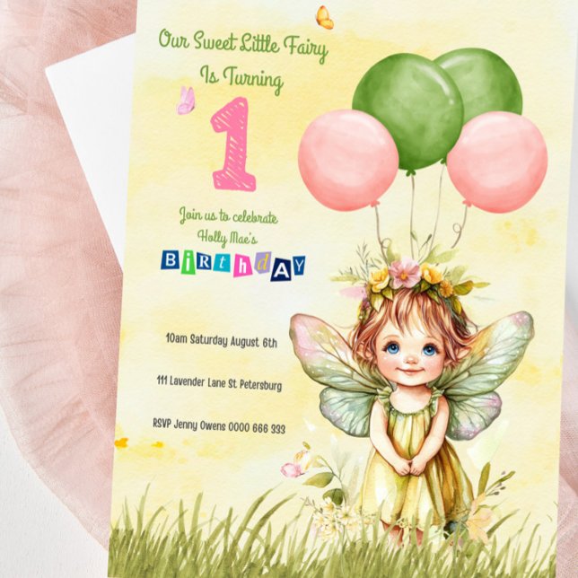 Pesonalized Sweet Fairy First Birthday Invitation (Sweet Pastel Fairy First Birthday Invitation For Girls - Fairytale themed Birthday)