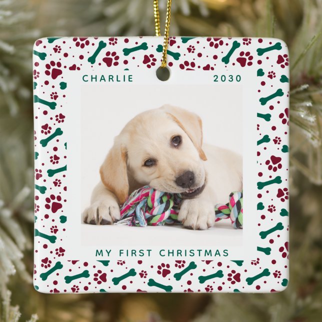 Pet 2 Dog Photo Paw Prints Personalised Christmas  Ceramic Ornament (Creator Uploaded)