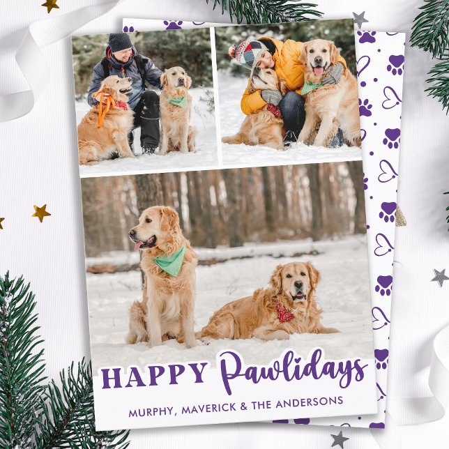 Pet 3 Photo Dog Lover Personalised Happy Pawlidays Holiday Card (Creator Uploaded)