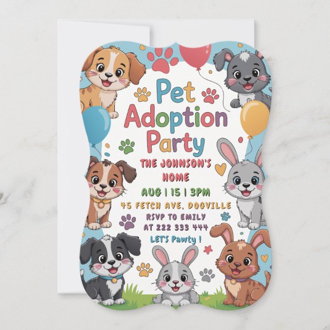Pet Adoption Party Invitation - Cute Animal Theme  (Front)