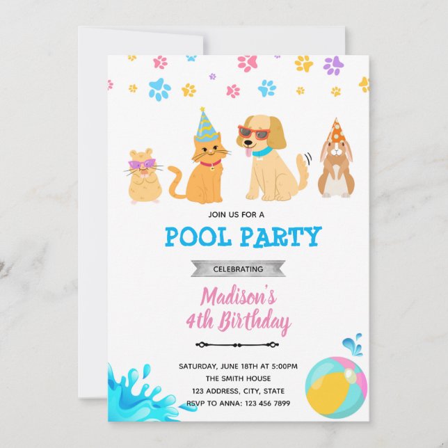 Pet adoption pool party invitation (Front)