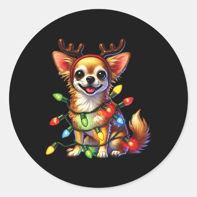 Pet Animal Lovers Chihuahua Dogs Reindeer Christma Classic Round Sticker (Front)