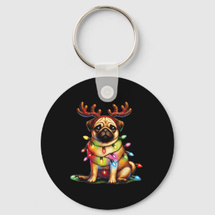 Pet Animal Lovers Cute Pug Dogs Reindeer Antlers C Key Ring