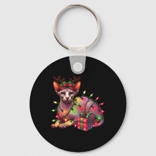 Pet Animal Lovers Cute Sphynx Cat Reindeer Antlers Key Ring