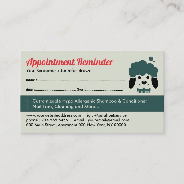 Pet Bath Spa Salon Appointment Remind Dog Groomer Business Card (Front)