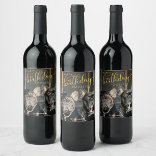 Pet Birthday Add Photo and Text Modern Gold Script Wine Label