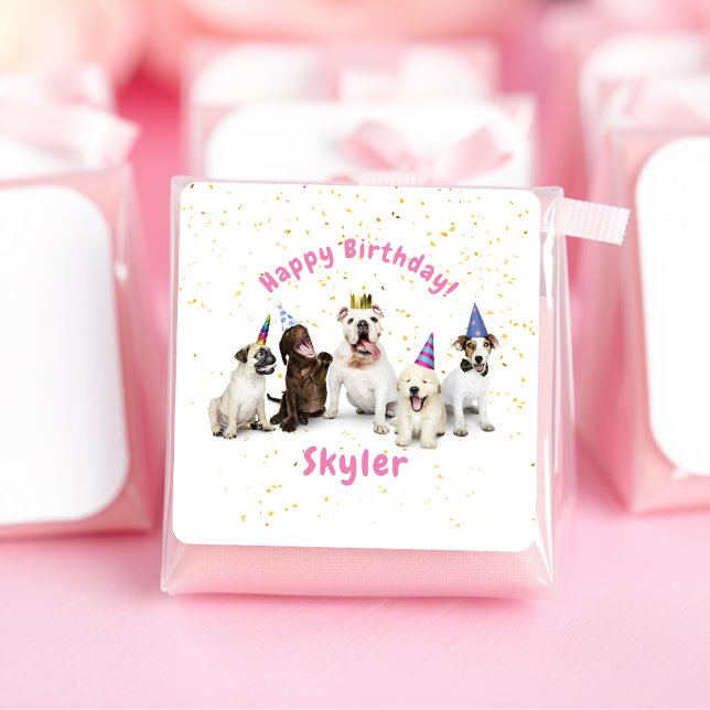 Pet Birthday Dog Celebration | Pink Square Sticker (Creator Uploaded)