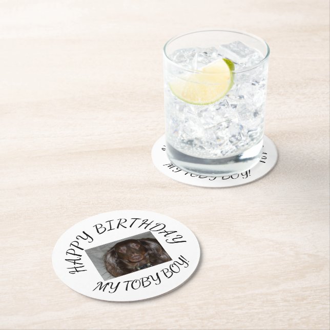 Pet Birthday Photo Script Celebration Design Round Paper Coaster (Insitu)