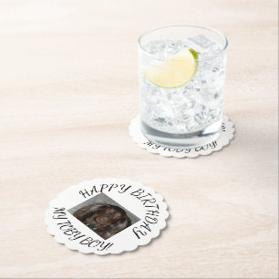 Pet Birthday Photo Script Scalloped Design Paper Coaster