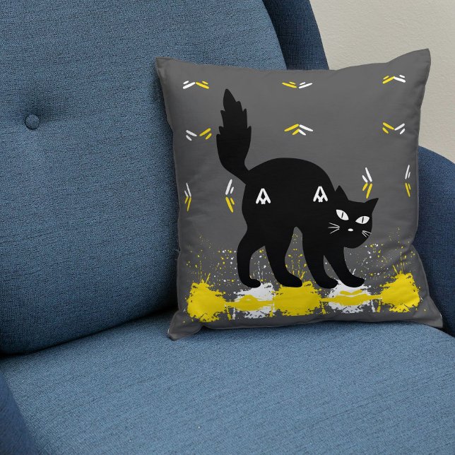 Pet Black Cat On Grey White Yellow Cute Modern Cushion (Creator Uploaded)